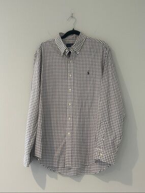 Ralph Lauren White and Brown Checked Button-Down Shirt Size Large